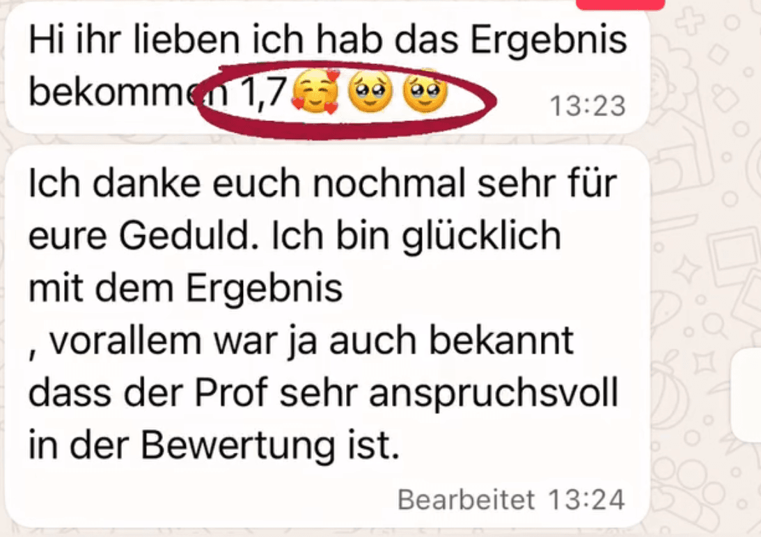 WhatsApp-Nachricht einer Studentin oder eines Studenten mit Note 1,7