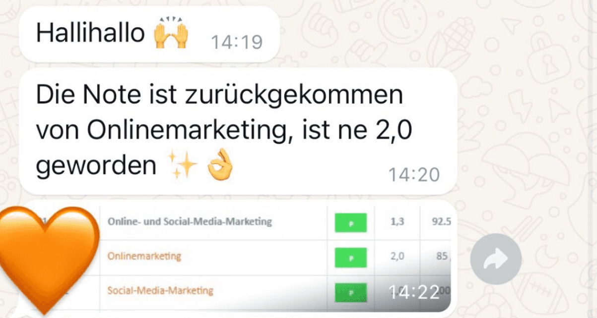 WhatsApp-Nachricht einer Studentin oder eines Studenten mit Note 2,0